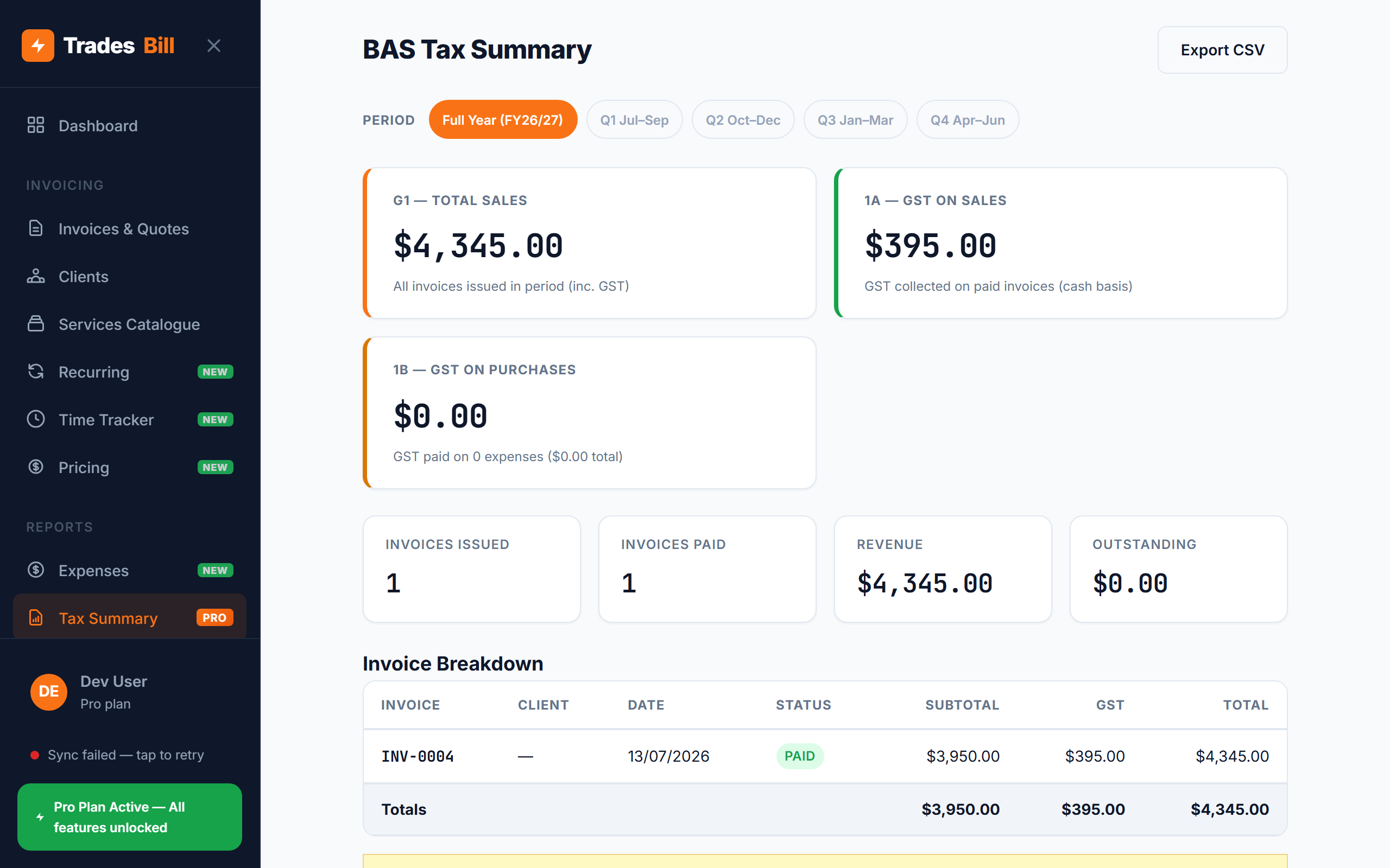 BAS Tax Summary — G1 total sales and 1A GST collected for the quarter
