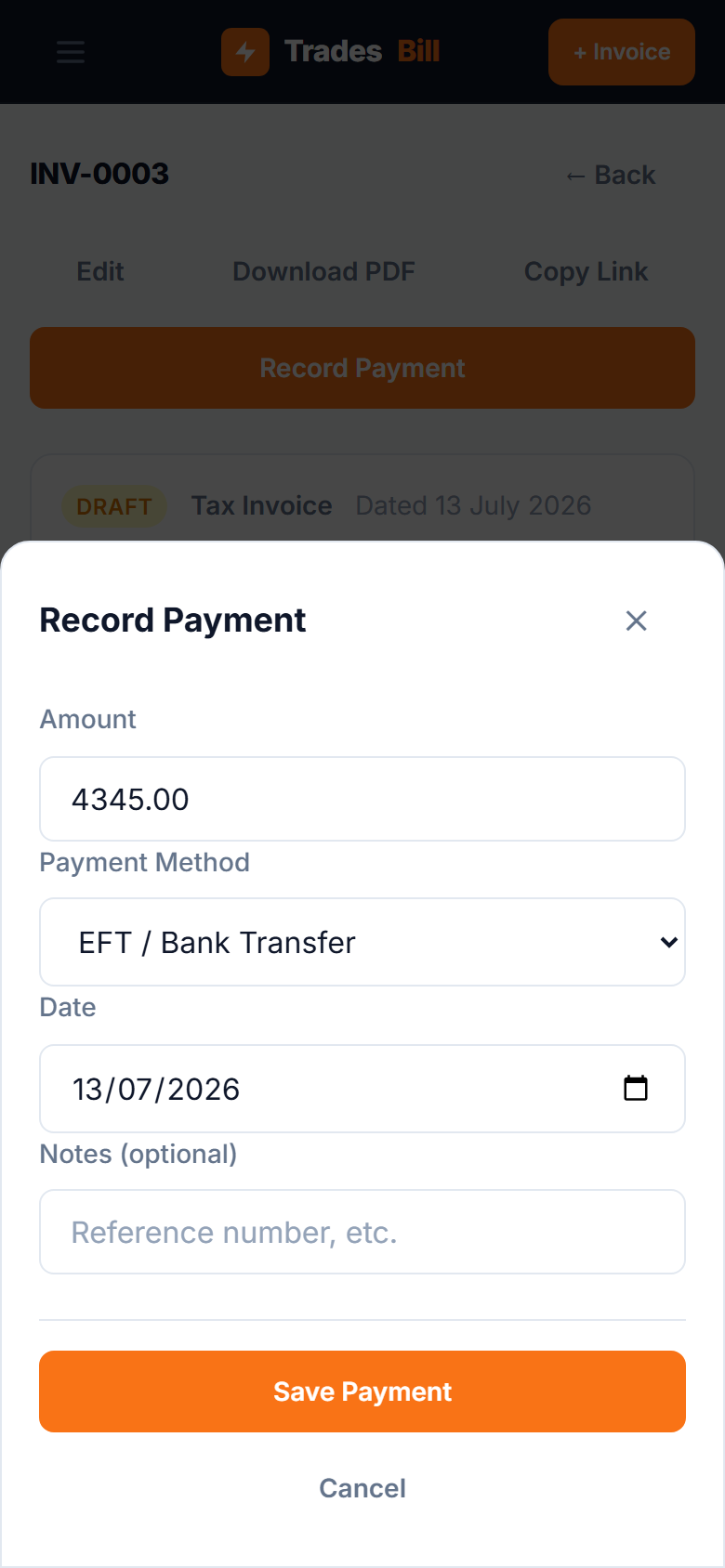 Recording a payment against the invoice — amount, method and date