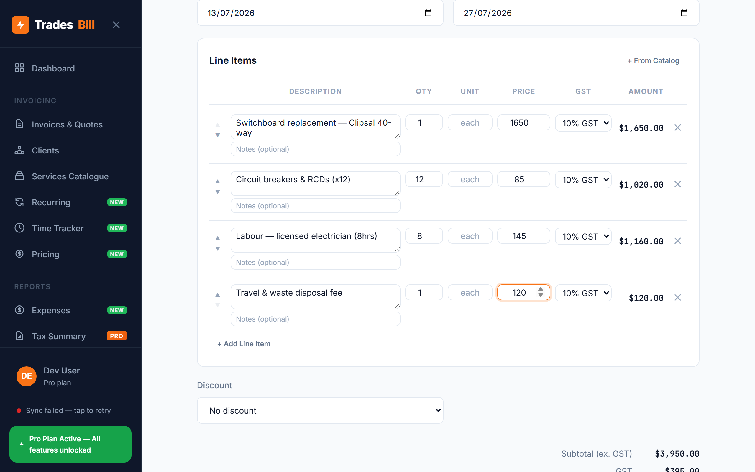 Creating a Quote in TradesBill for a switchboard upgrade job