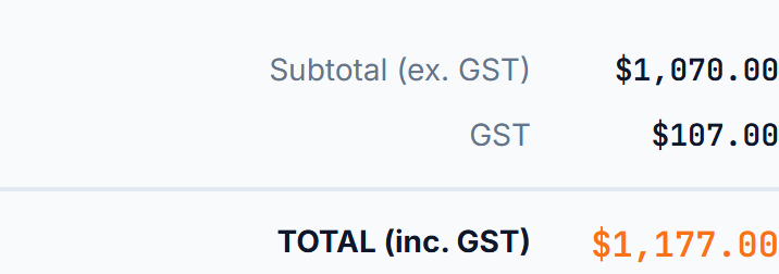 Subtotal, GST (10%) and total calculated automatically