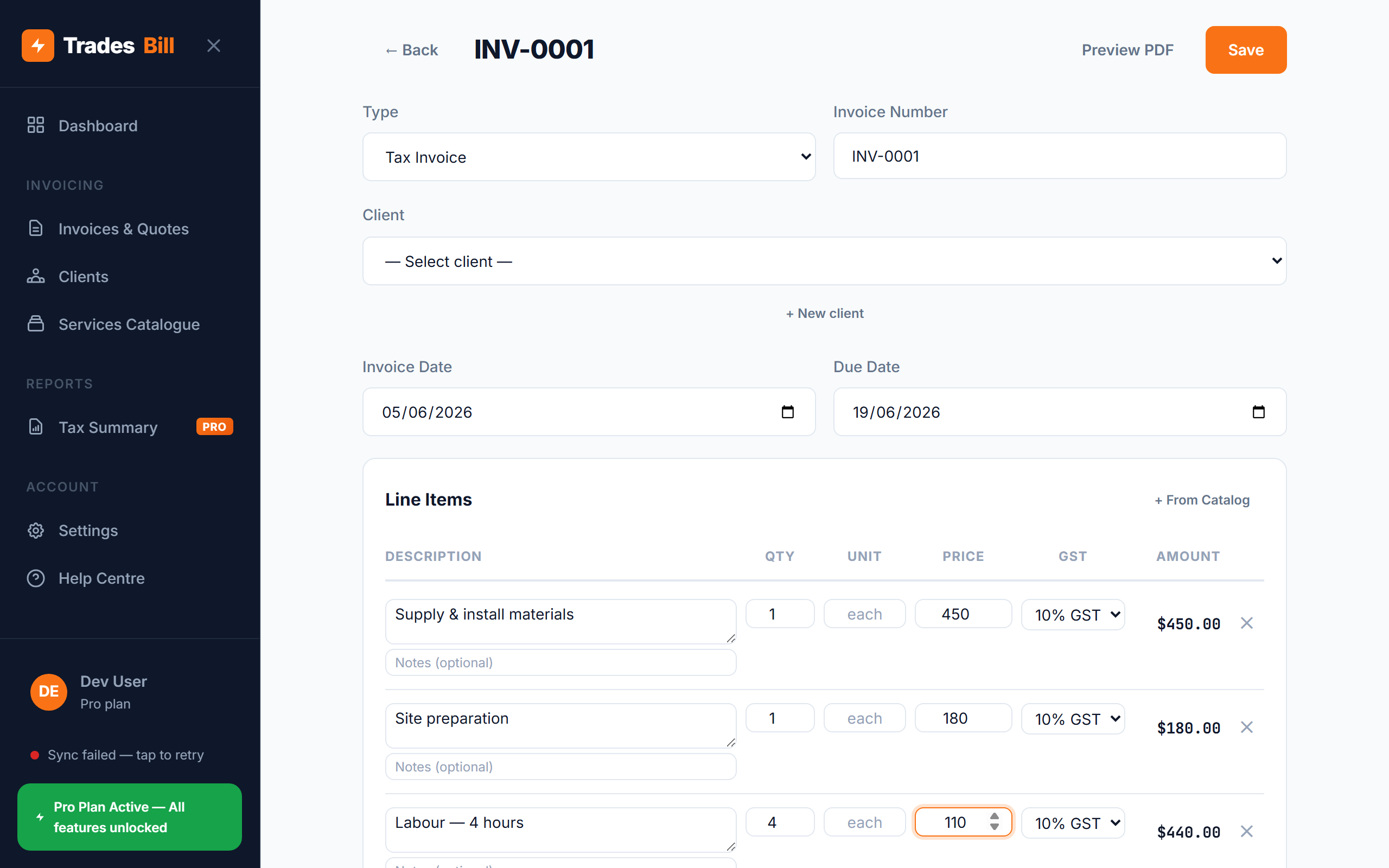 New invoice with live GST calculation in TradesBill