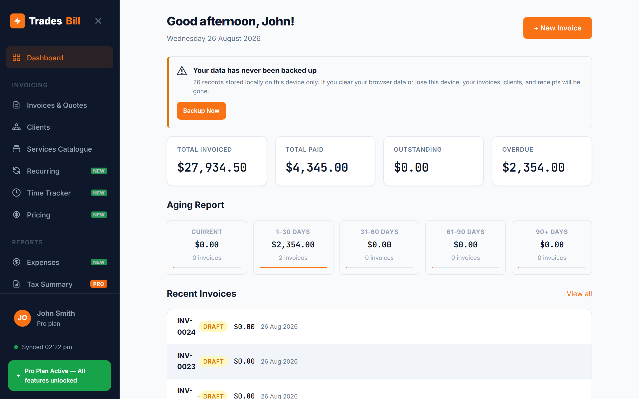 TradesBill BAS Tax Summary Report screen