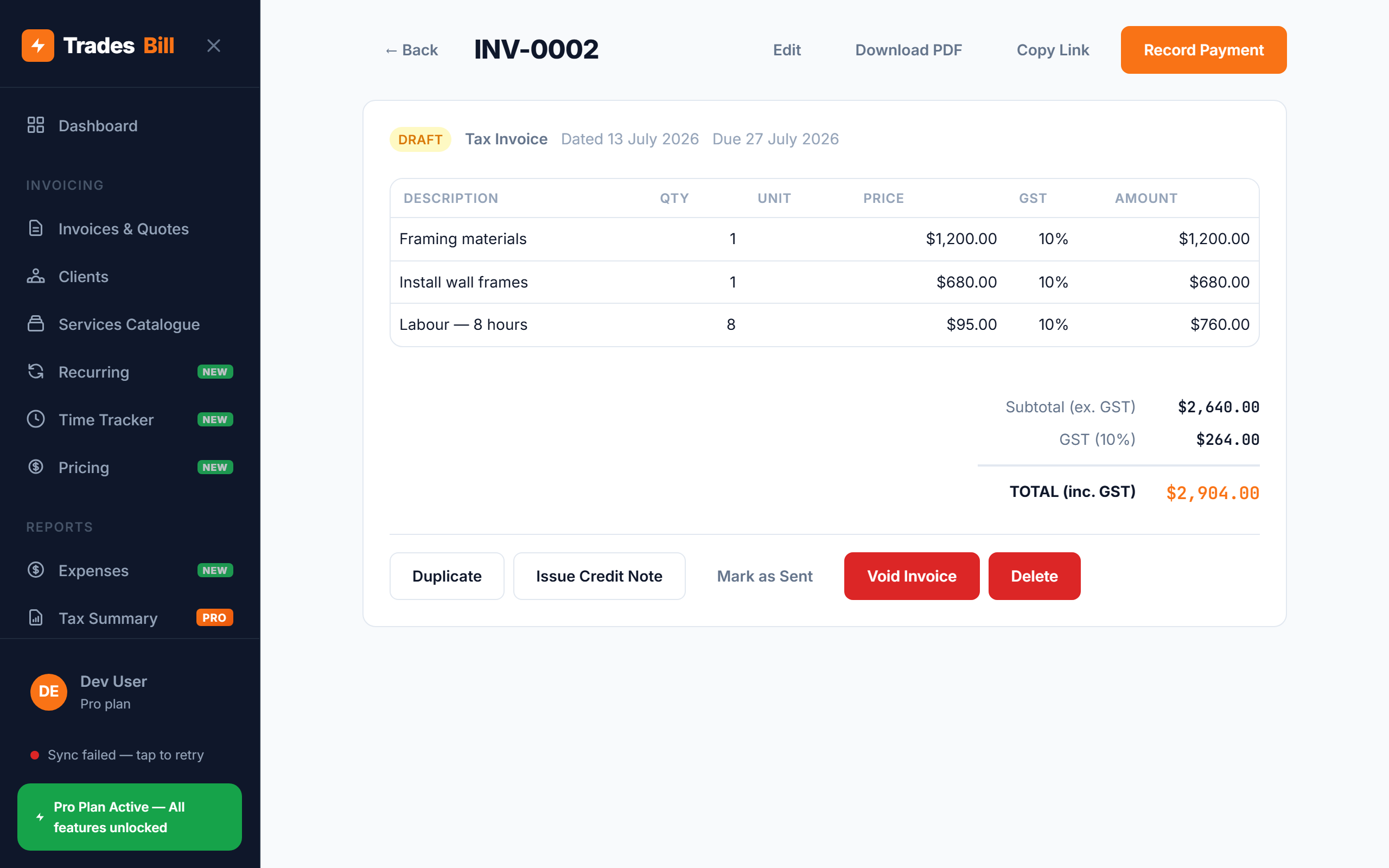 Completed builder invoice in TradesBill