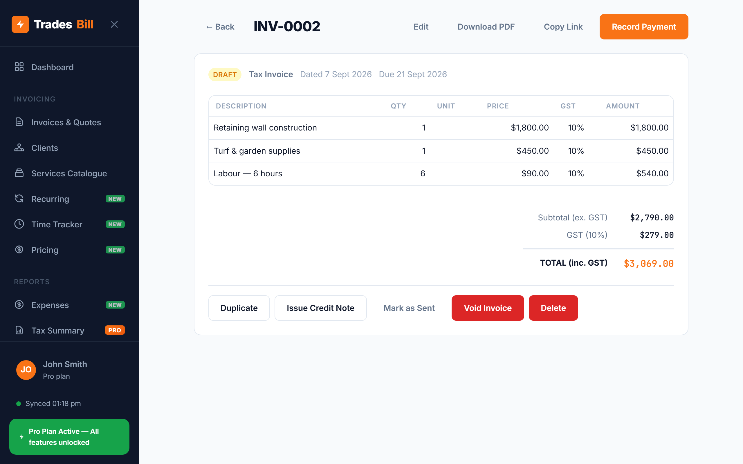 Completed landscaping invoice in TradesBill