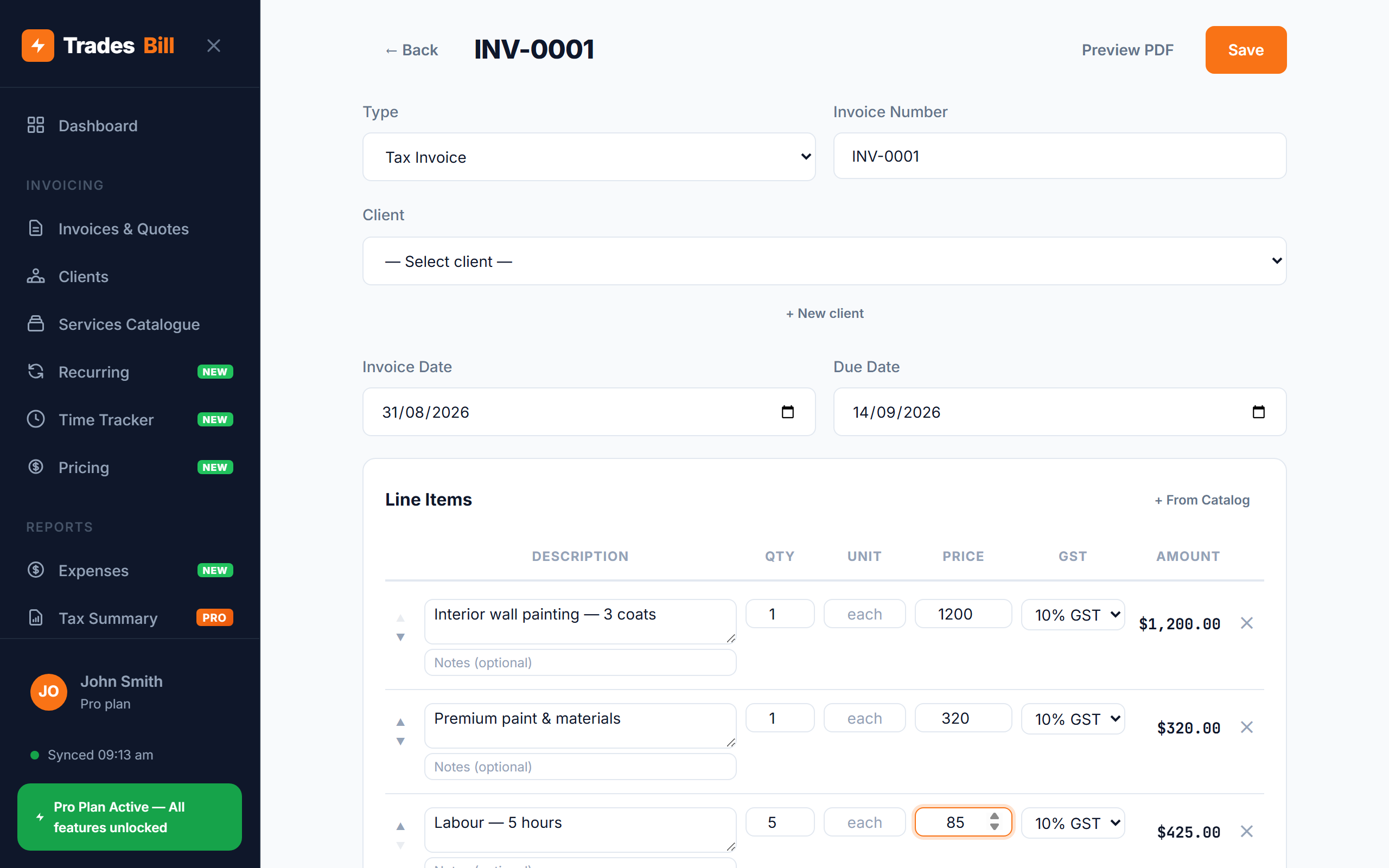 TradesBill invoice with painting line items
