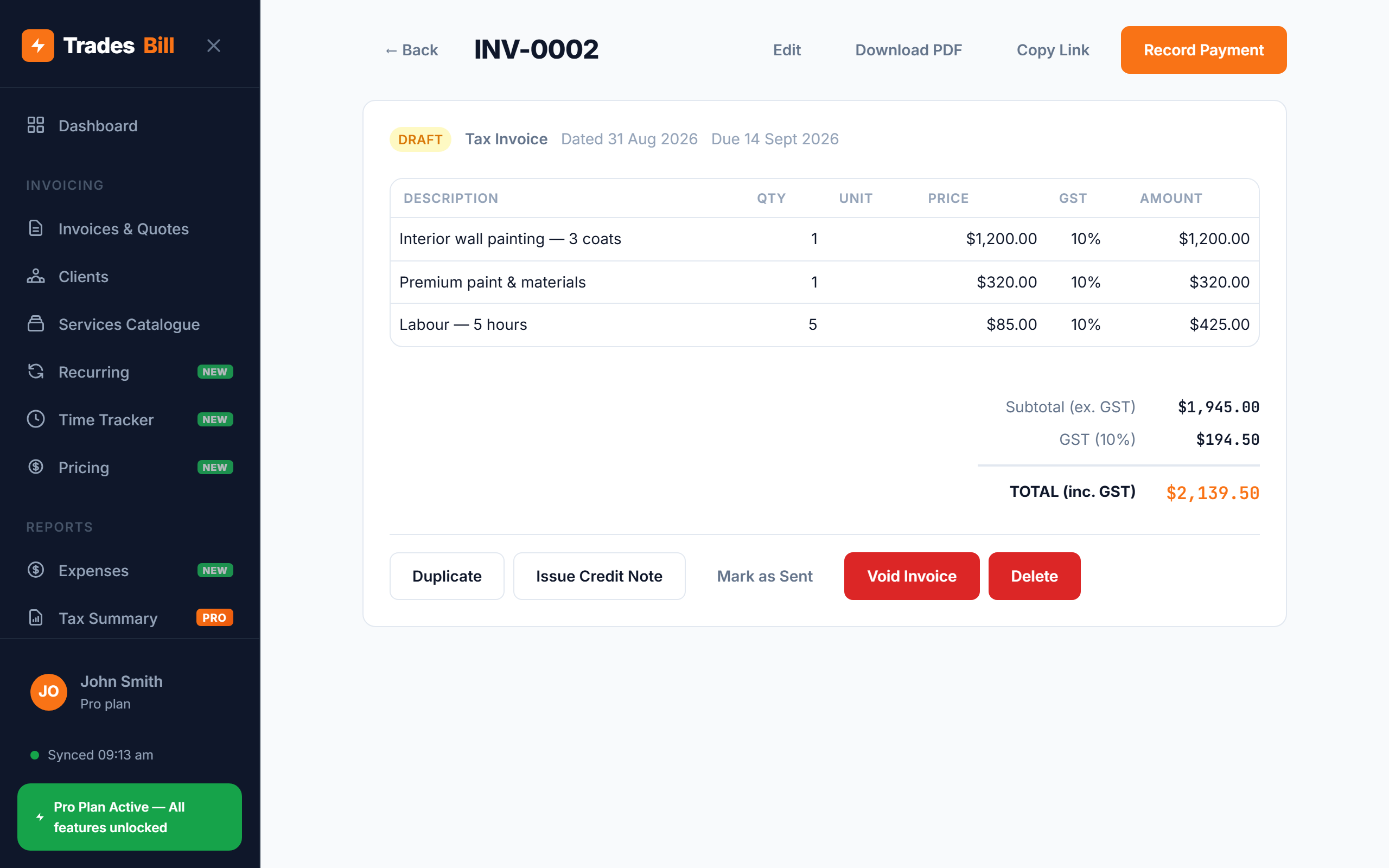 Completed painting invoice in TradesBill