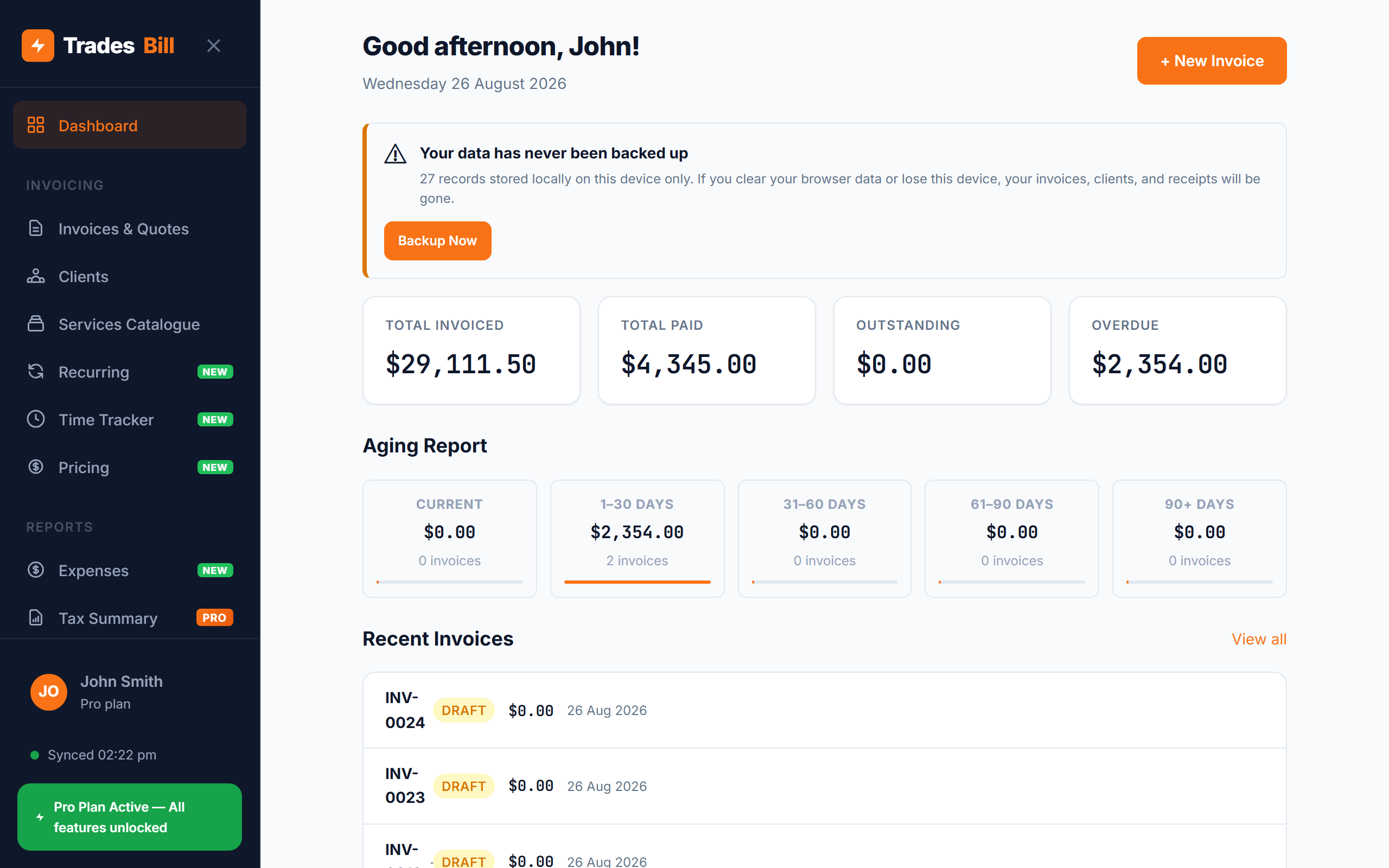Invoice list with overdue and payment tracking