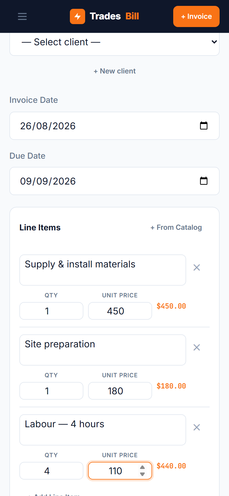 Adding payment terms to a TradesBill invoice