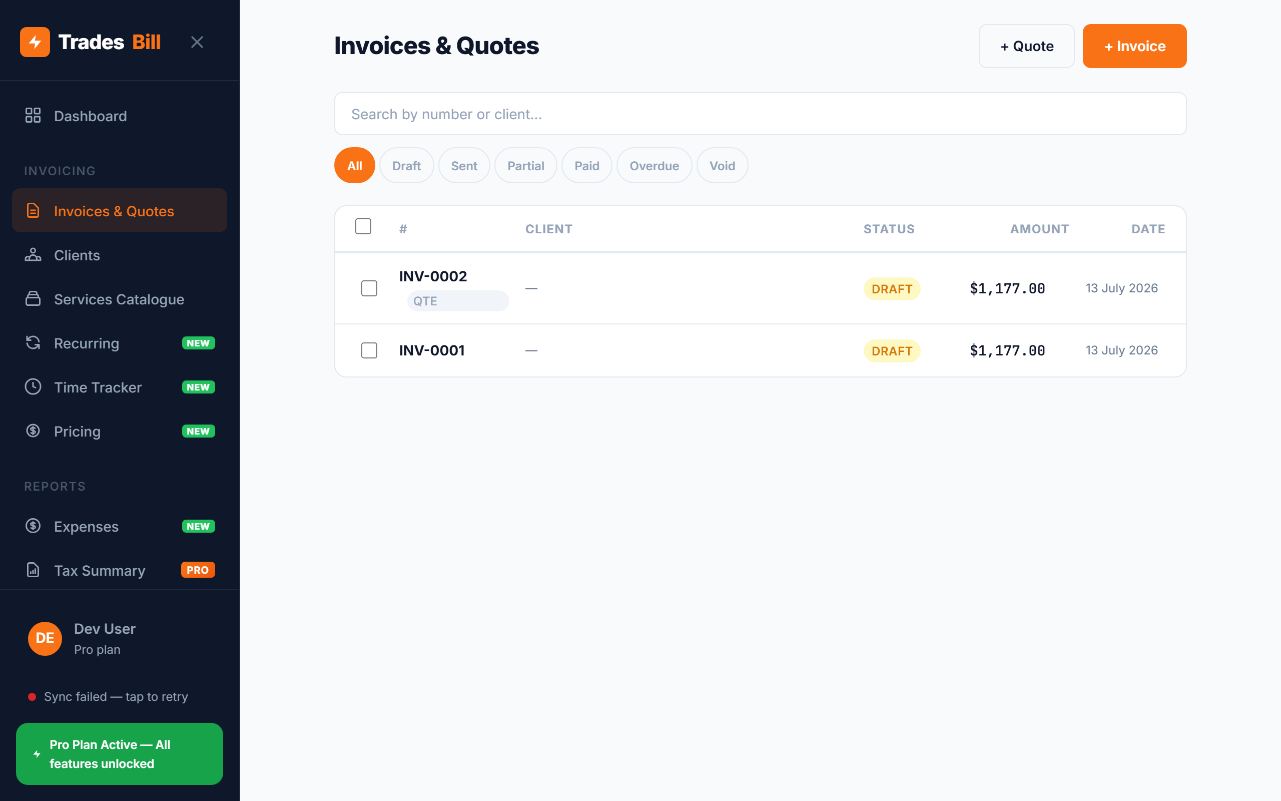 Invoice list showing both quotes and invoices