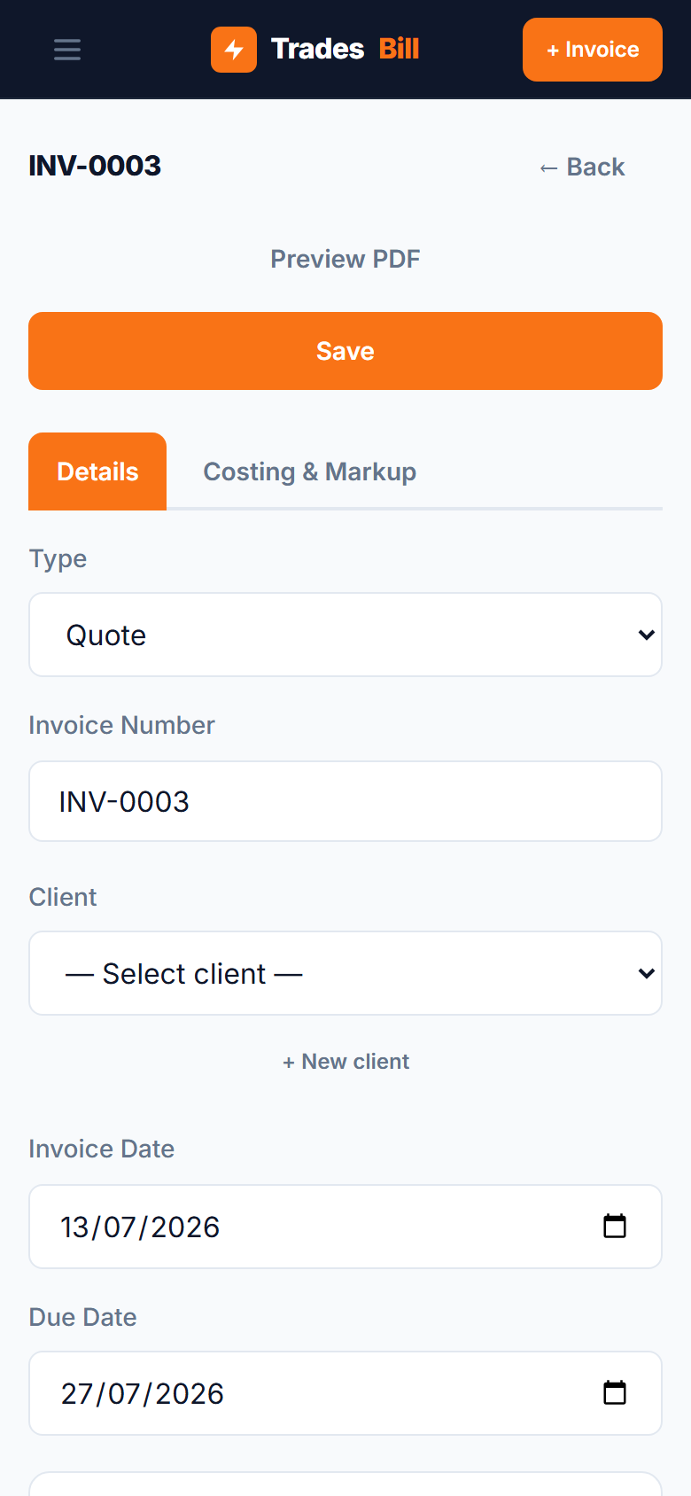 New quote form in TradesBill