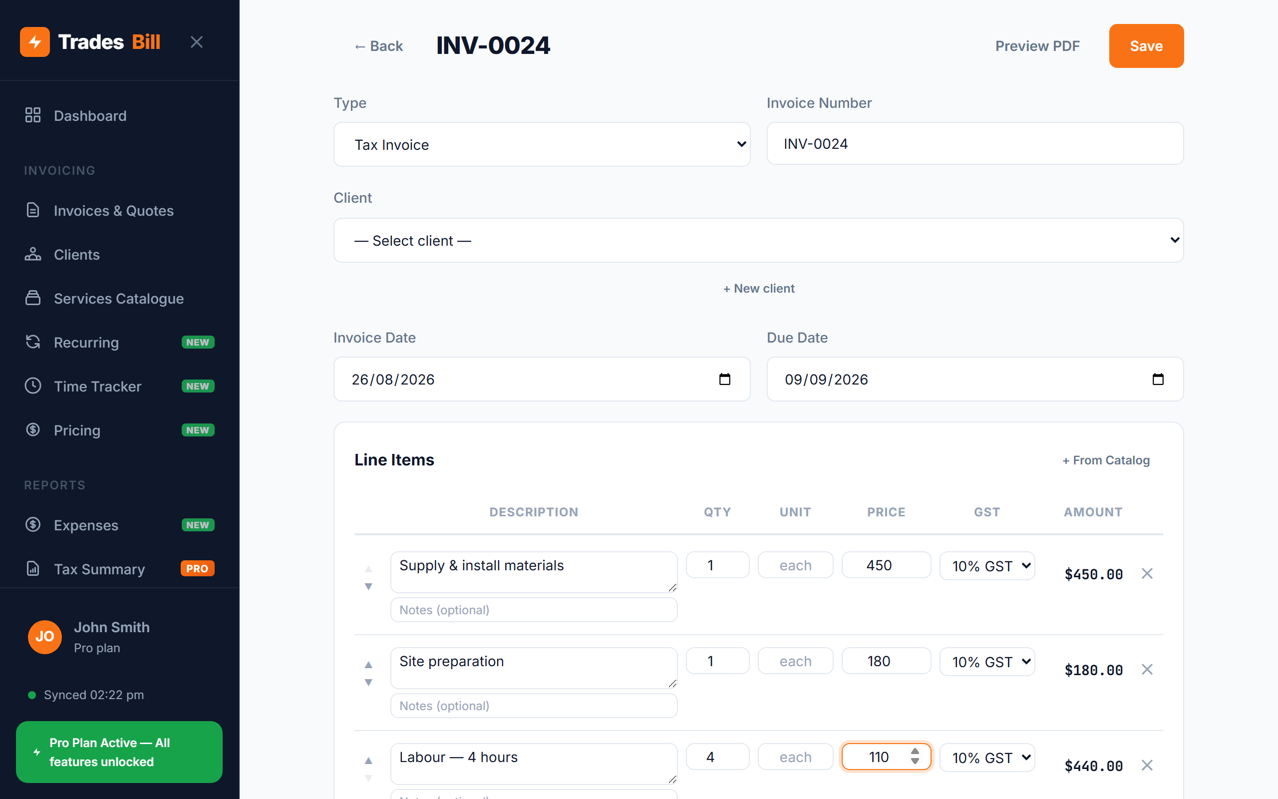 TradesBill invoice creation interface