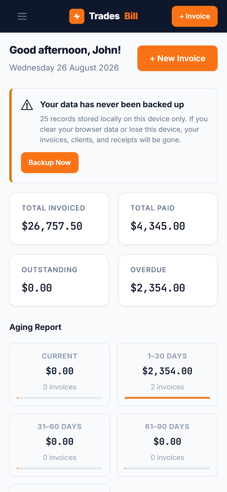 TradesBill dashboard — simple and focused